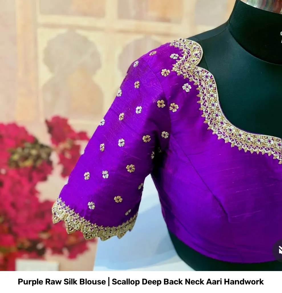 Purple Raw Silk Blouse | Scallop Deep Back Neck Aari Handwork 2
