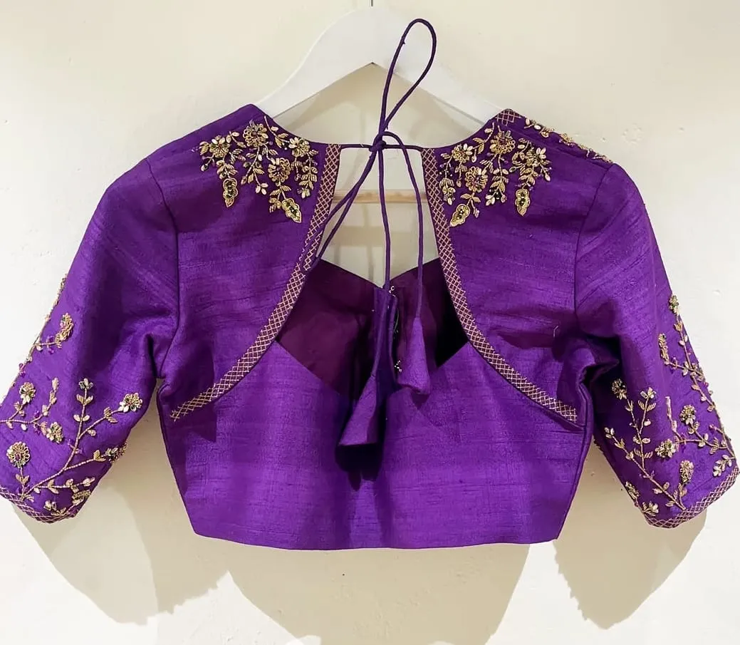 Purple Raw Silk Designer Blouse | Gold Zardozi Aari Hand Embroidery | Floral Vine Sleeves & Shoulder Work | Cut Out Back with Tie Up | Custom Stitched