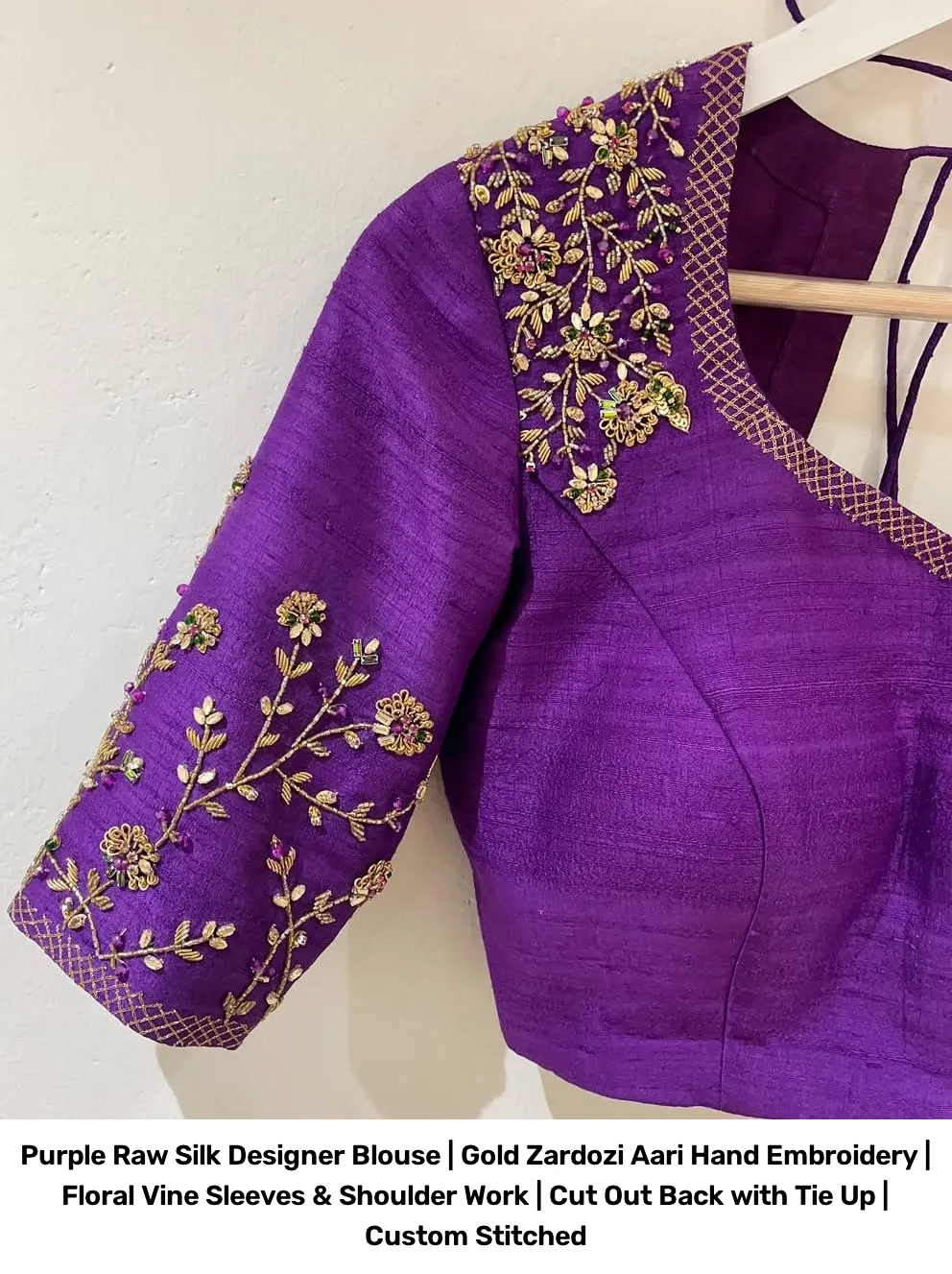 Purple Raw Silk Designer Blouse | Gold Zardozi Aari Hand Embroidery | Floral Vine Sleeves & Shoulder Work | Cut Out Back with Tie Up | Custom Stitched 4