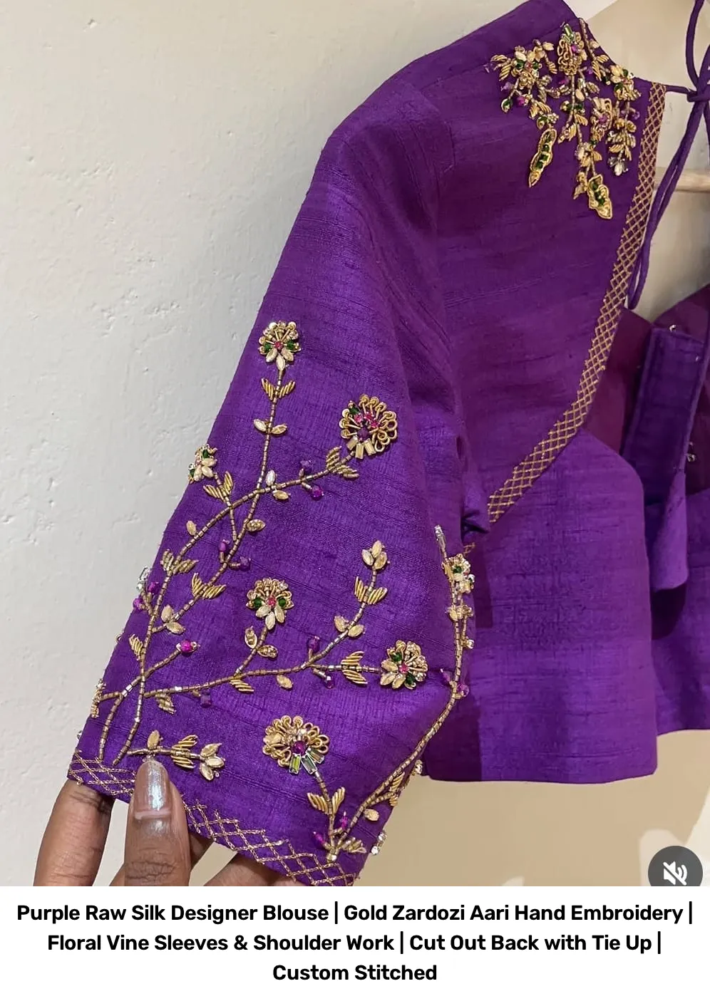 Purple Raw Silk Designer Blouse | Gold Zardozi Aari Hand Embroidery | Floral Vine Sleeves & Shoulder Work | Cut Out Back with Tie Up | Custom Stitched 5