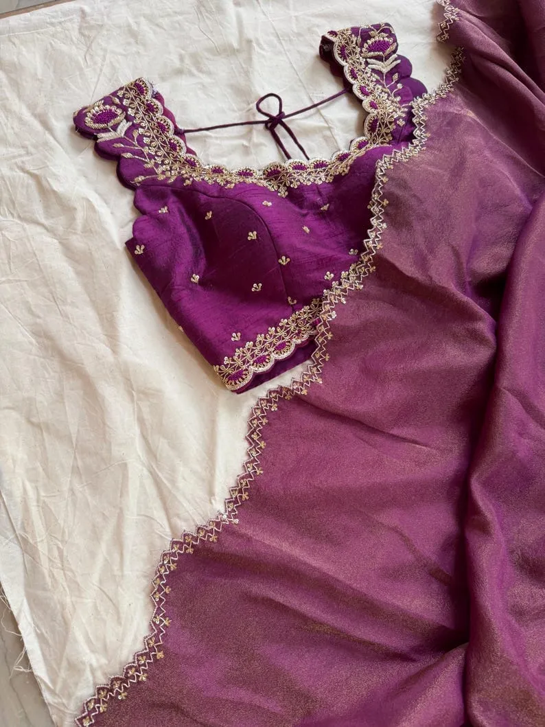 Purple Raw Silk Designer Blouse with Scalloped Cutwork Neckline | Hand Embroidered Zari Saree Choli