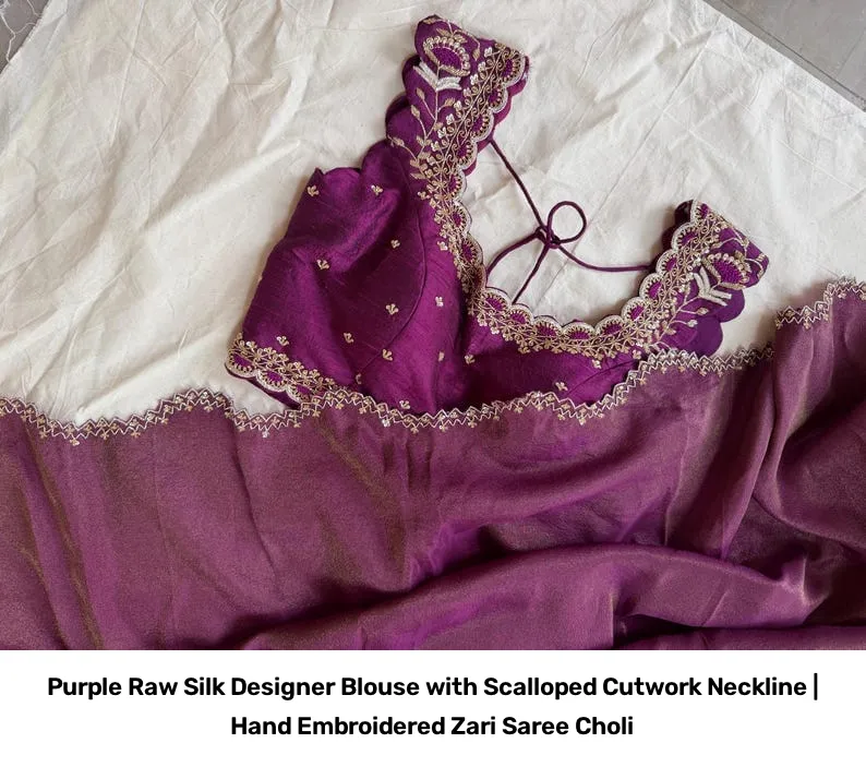 Purple Raw Silk Designer Blouse with Scalloped Cutwork Neckline | Hand Embroidered Zari Saree Choli 4
