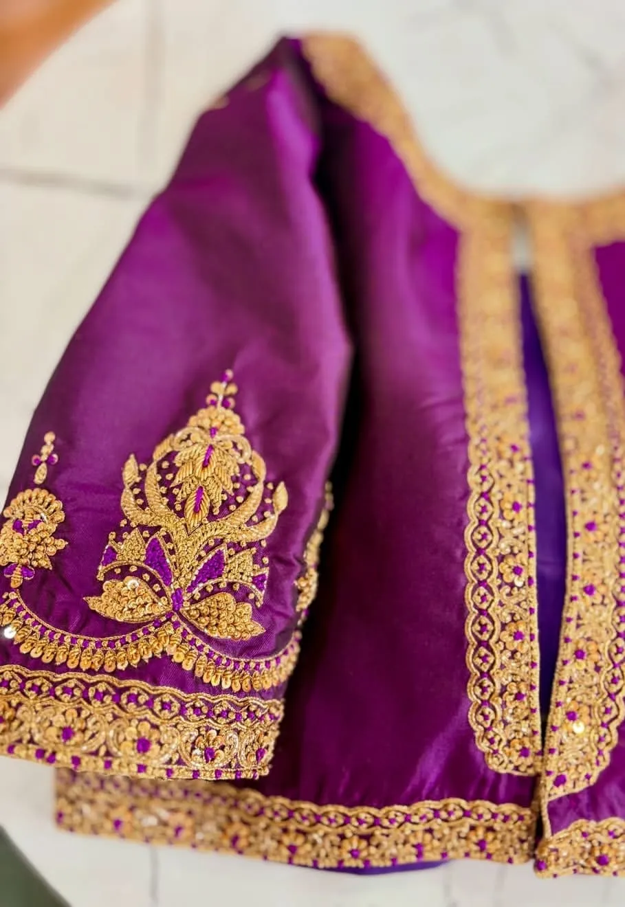 Purple Raw Silk Jacket Blouse | Gold Zardosi Border Embroidery