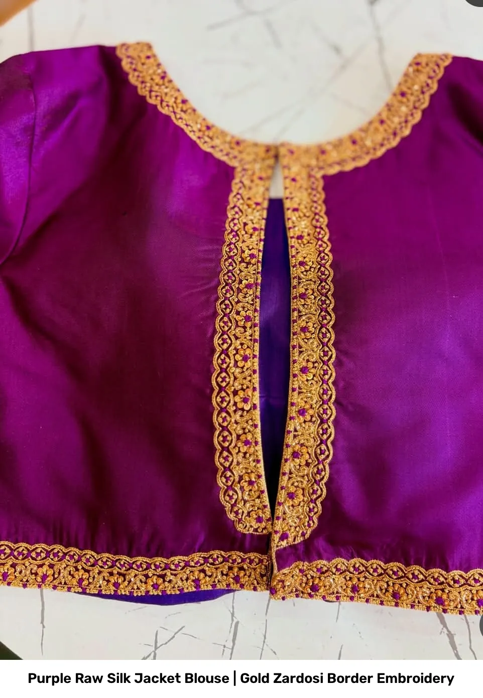 Purple Raw Silk Jacket Blouse | Gold Zardosi Border Embroidery 2