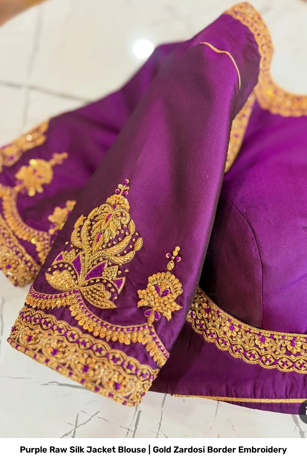 Purple Raw Silk Jacket Blouse | Gold Zardosi Border Embroidery 3