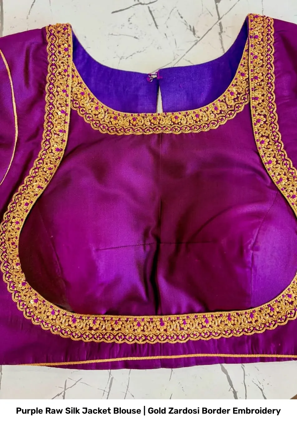 Purple Raw Silk Jacket Blouse | Gold Zardosi Border Embroidery 4