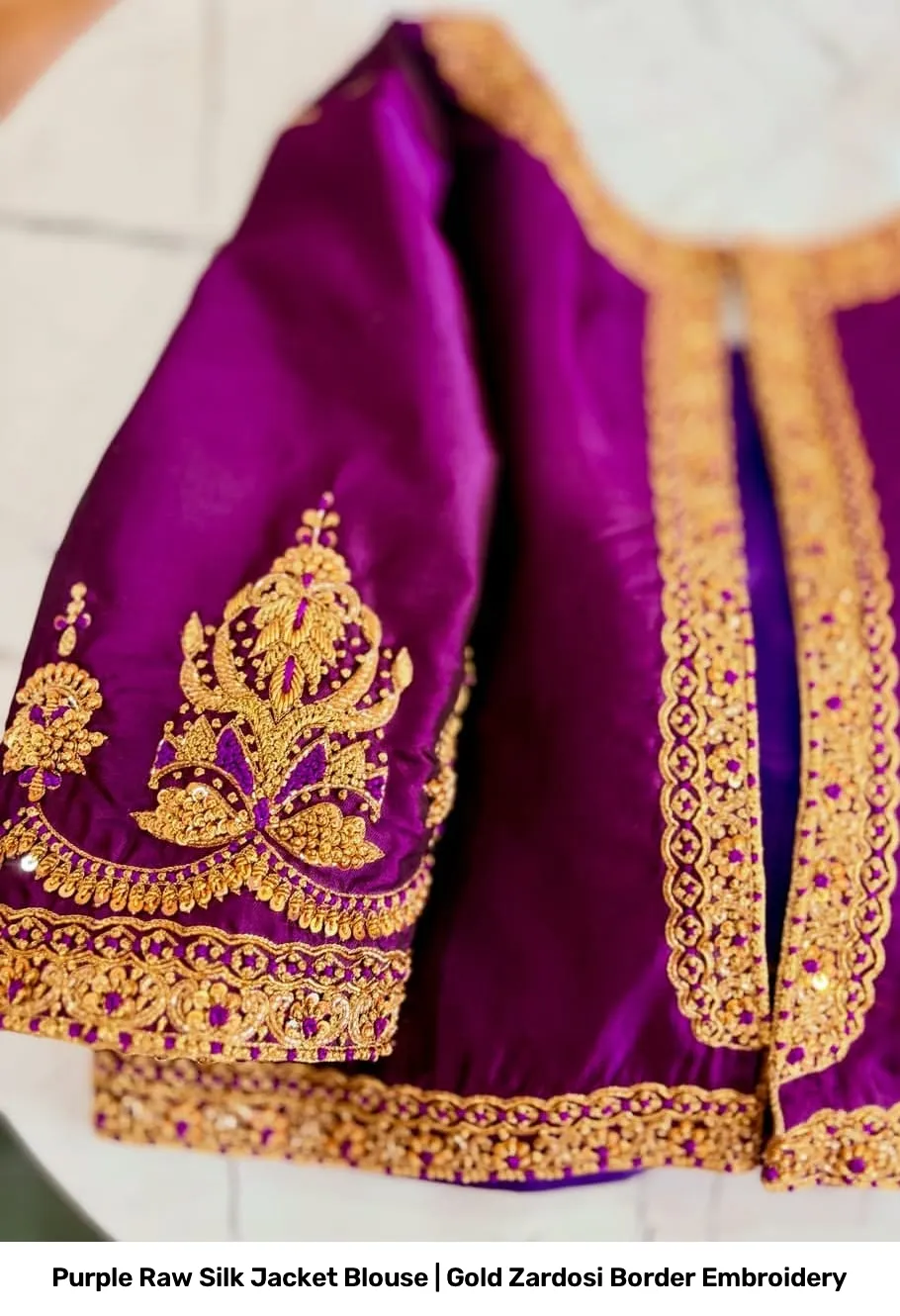 Purple Raw Silk Jacket Blouse | Gold Zardosi Border Embroidery 5