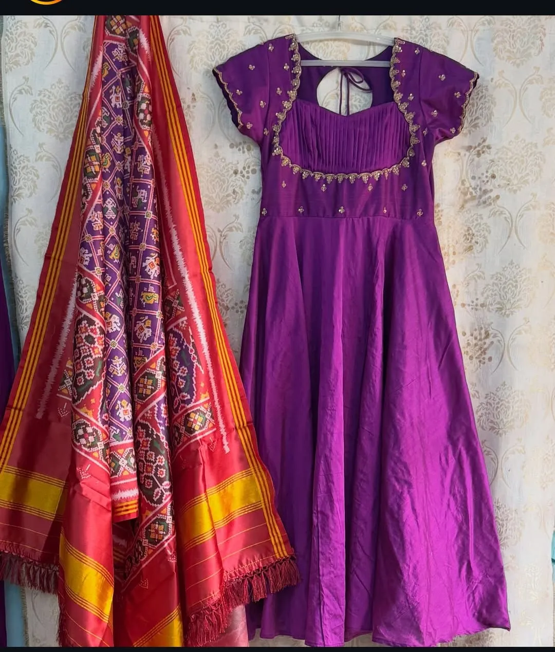 Purple Raw Silk Long Frock Ikkat Patola Dupatta Aari Work