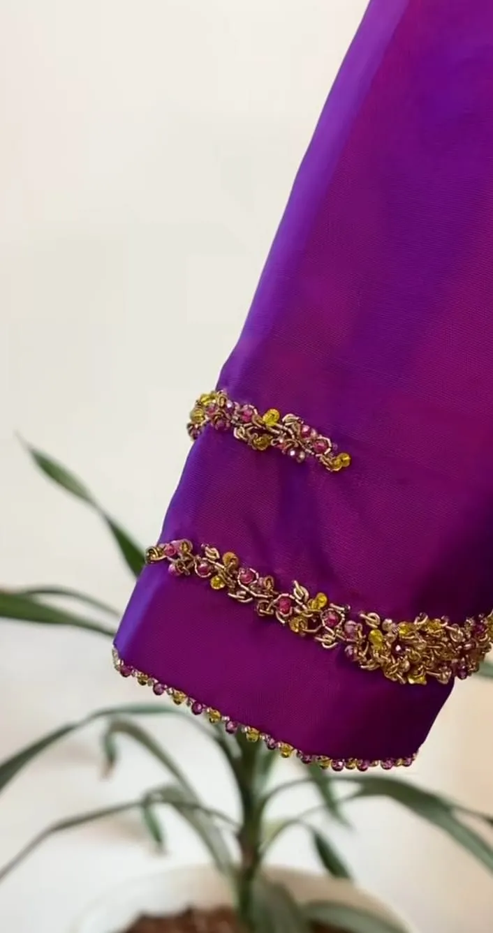 Purple Raw Silk Maggam Work Blouse – Inverted Triangle Cut-Out Back & Zardosi Bead Border Saree Blouse