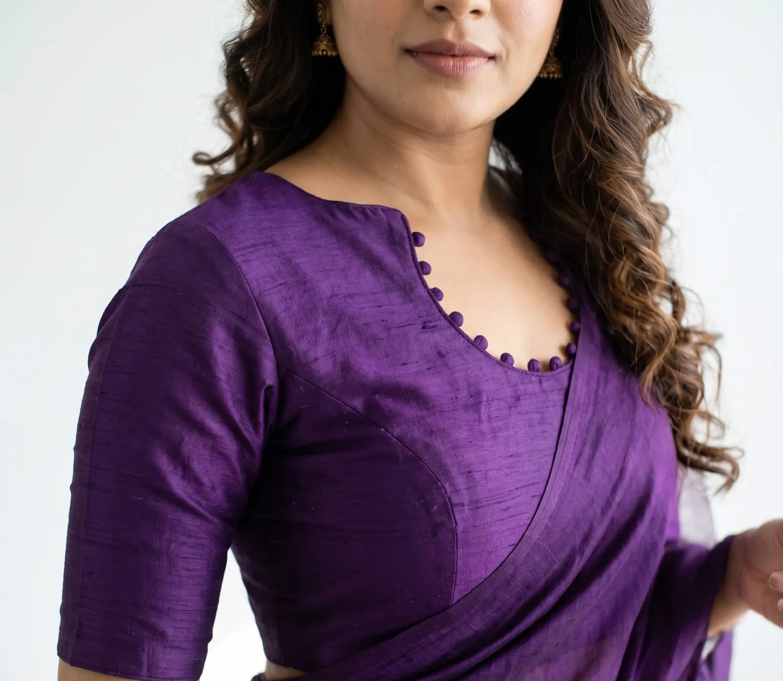 Purple Raw Silk Readymade Blouse Potli Button Neck