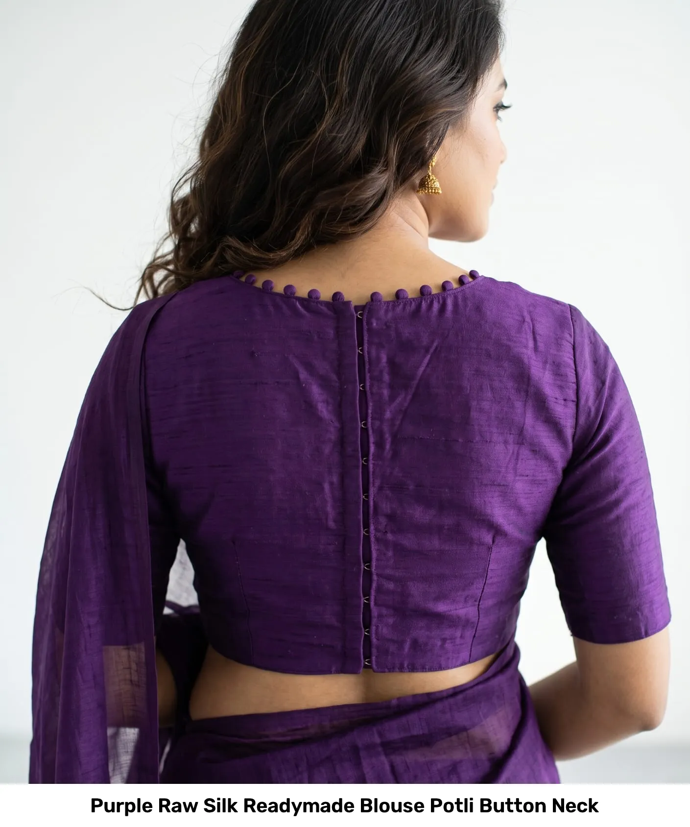 Purple Raw Silk Readymade Blouse Potli Button Neck 2