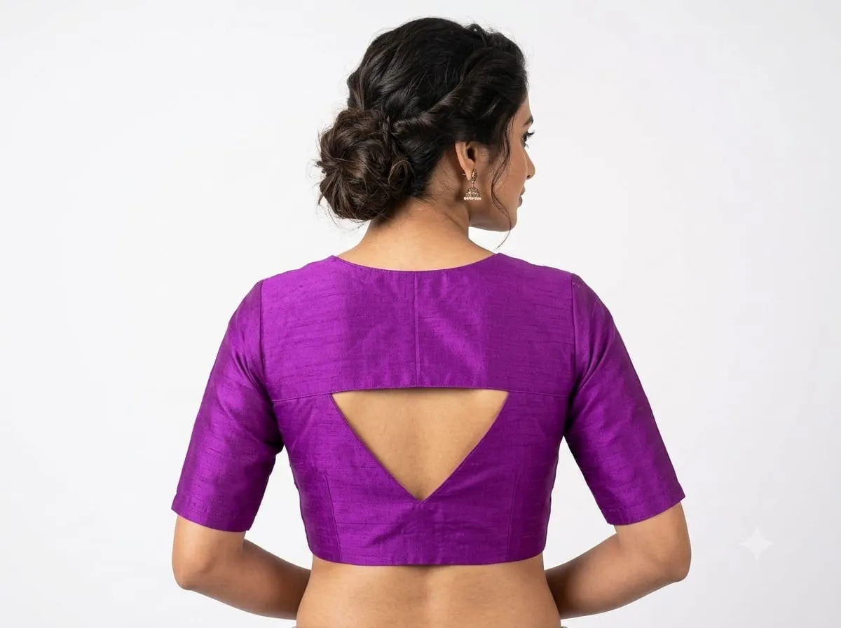 Purple Raw Silk Readymade Saree Blouse | Sweetheart Neck Triangle Cut-Out Back Padded Blouse with Elbow Sleeves