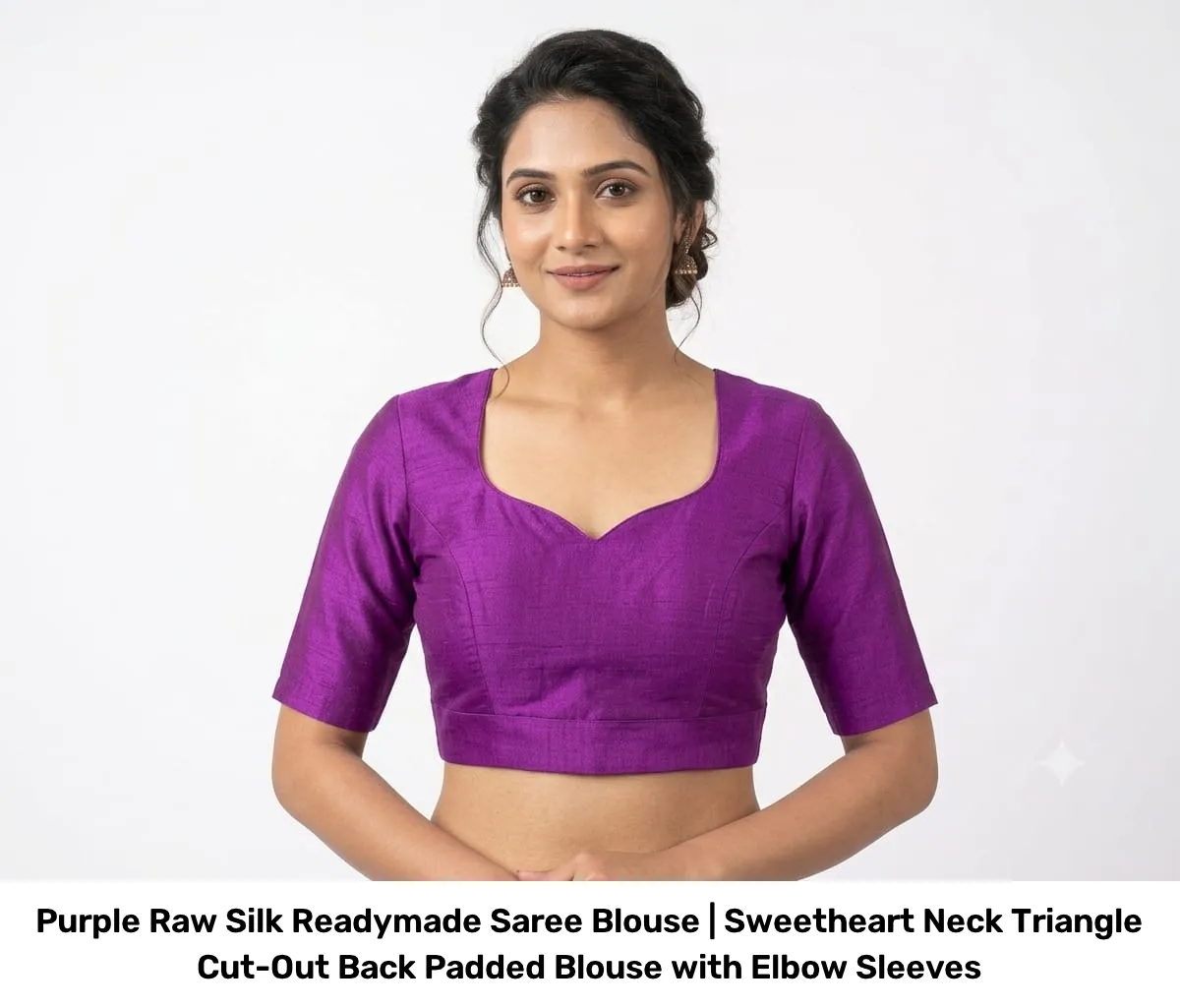 Purple Raw Silk Readymade Saree Blouse | Sweetheart Neck Triangle Cut-Out Back Padded Blouse with Elbow Sleeves 2