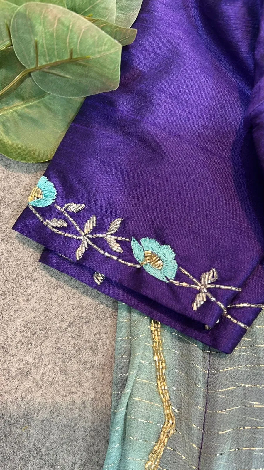 Purple Raw Silk Saree Blouse with Turquoise Floral Vine Maggam Work | Sweetheart Neck Readymade Blouse