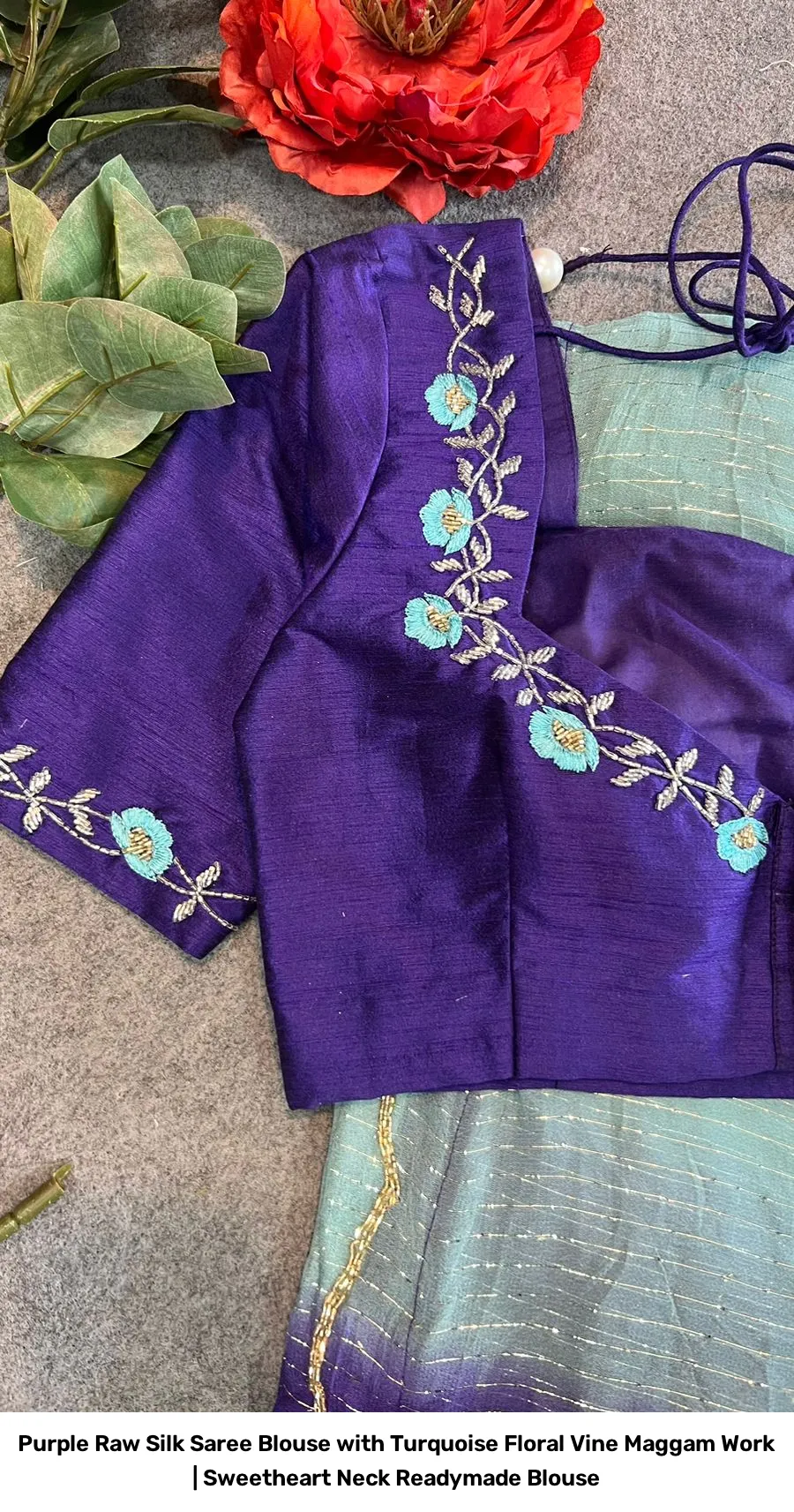 Purple Raw Silk Saree Blouse with Turquoise Floral Vine Maggam Work | Sweetheart Neck Readymade Blouse 2