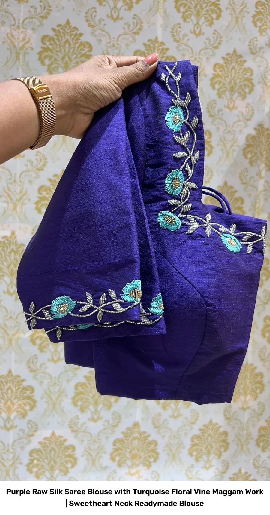 Purple Raw Silk Saree Blouse with Turquoise Floral Vine Maggam Work | Sweetheart Neck Readymade Blouse 3