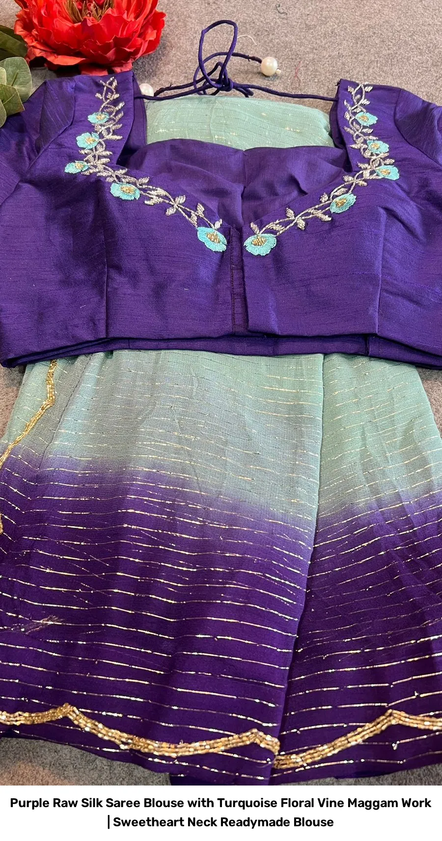 Purple Raw Silk Saree Blouse with Turquoise Floral Vine Maggam Work | Sweetheart Neck Readymade Blouse 4
