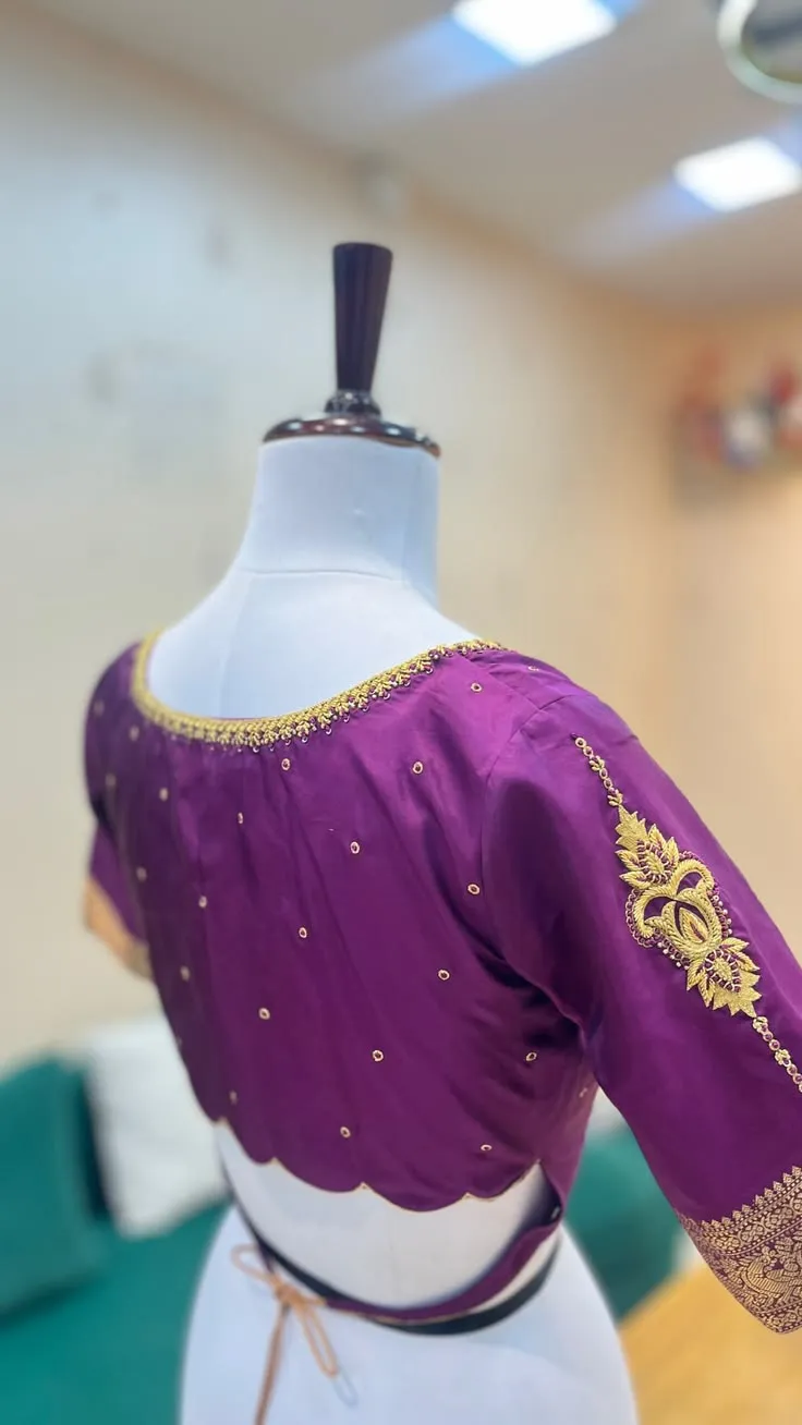 Purple Scallop Hem Embroidered Silk Saree Blouse with Dori