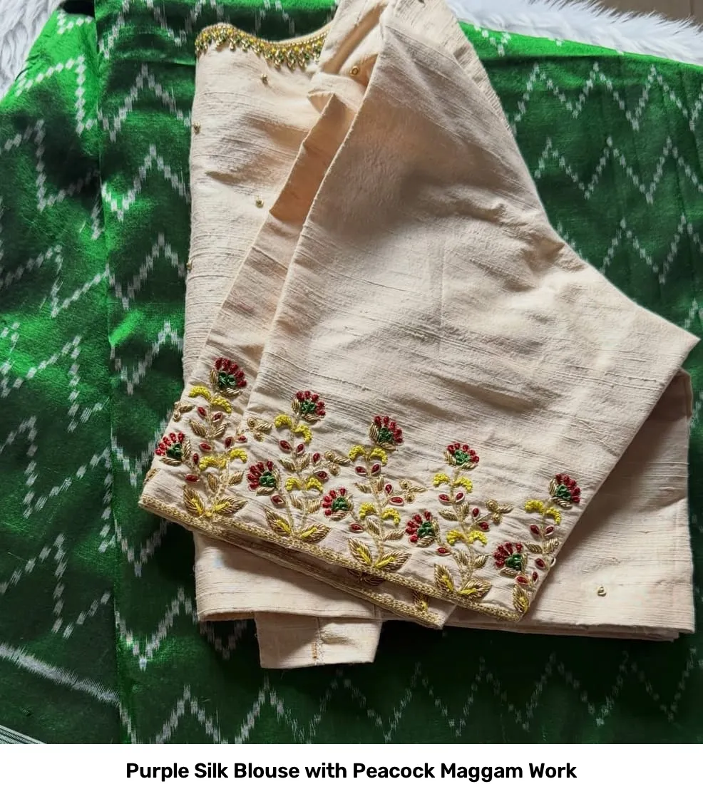 Purple Silk Blouse with Peacock Maggam Work 4