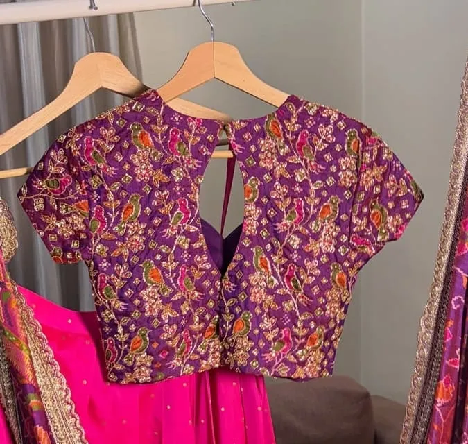 Purple Silk Hand-Embroidered Designer Boat Neck Blouse