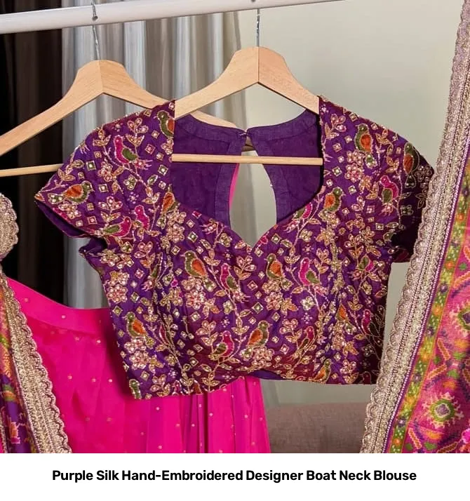 Purple Silk Hand-Embroidered Designer Boat Neck Blouse 2