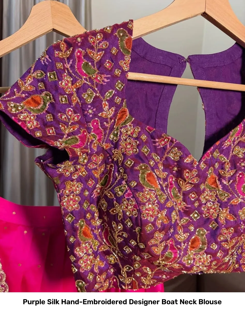 Purple Silk Hand-Embroidered Designer Boat Neck Blouse 3