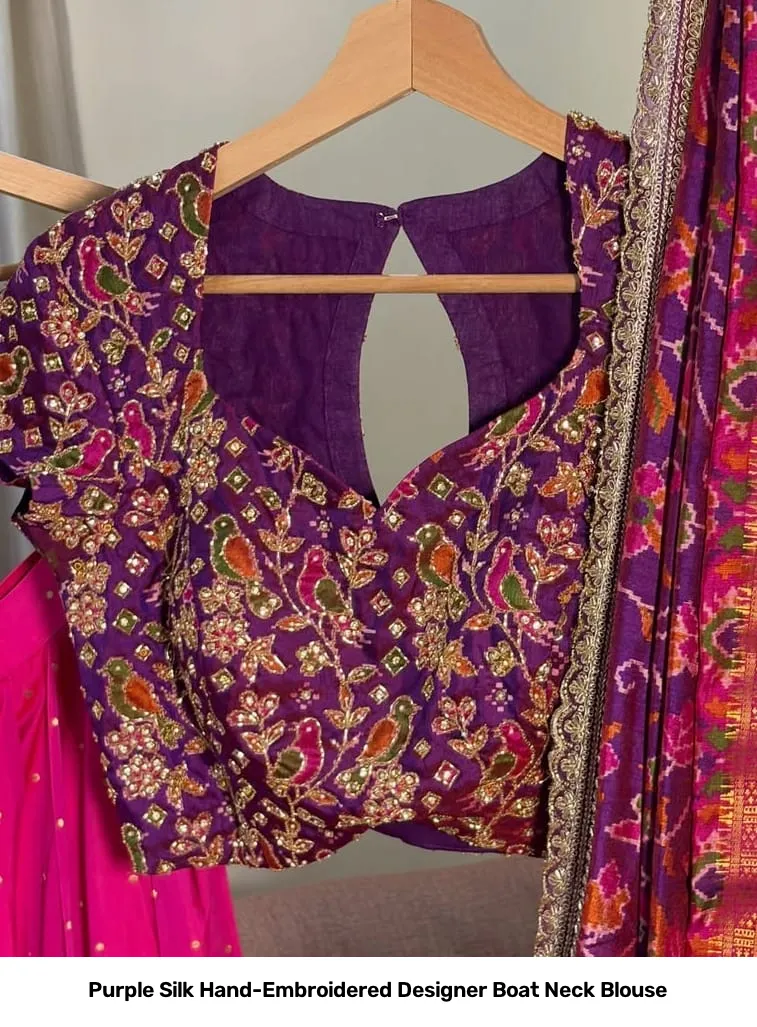 Purple Silk Hand-Embroidered Designer Boat Neck Blouse 4