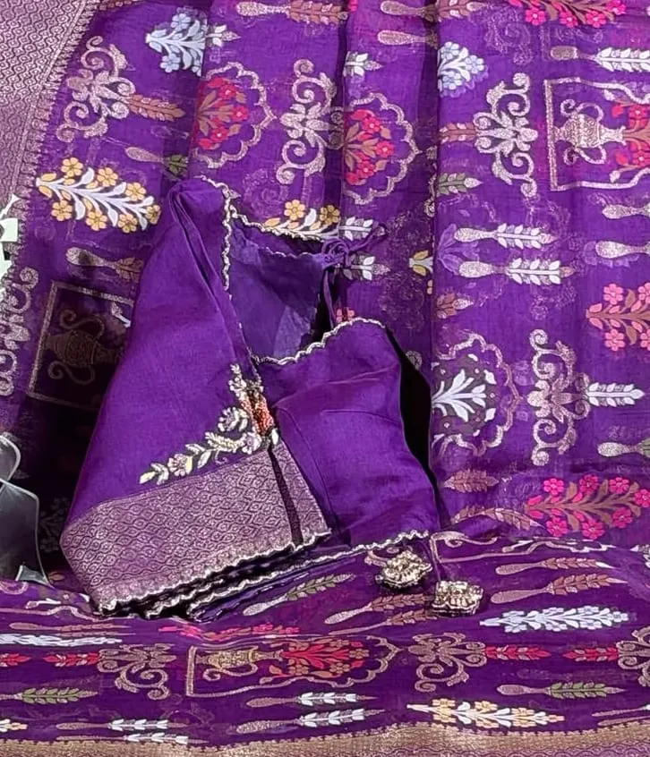 Purple Silk Maggam Blouse Scallop Cutout Back with Latkans