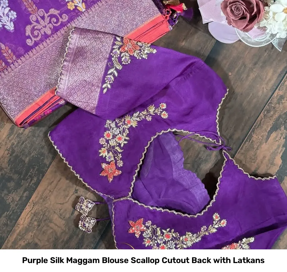 Purple Silk Maggam Blouse Scallop Cutout Back with Latkans 2