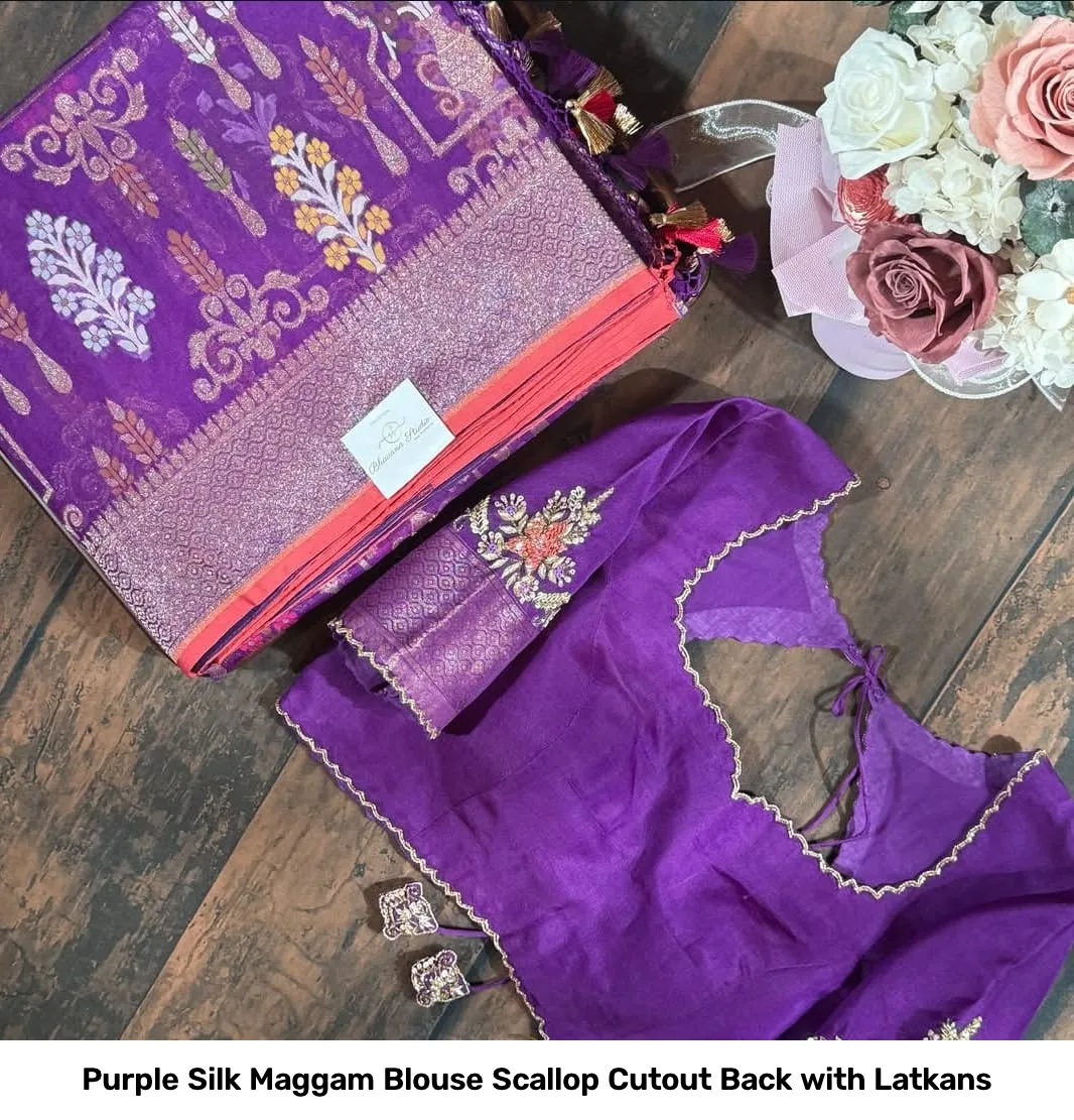 Purple Silk Maggam Blouse Scallop Cutout Back with Latkans 3