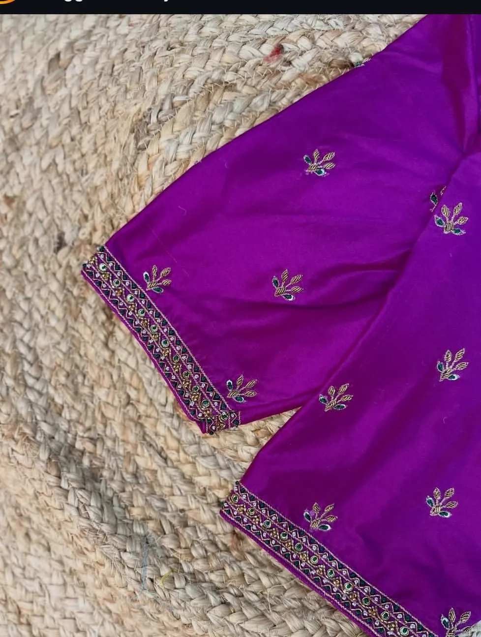 Purple Silk Maggam Work Blouse | Cutout Back Neck Green Stone & Bead Hand Embroidered Saree Blouse