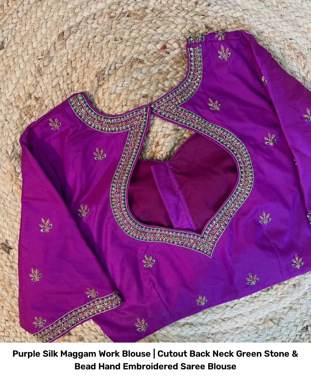 Purple Silk Maggam Work Blouse | Cutout Back Neck Green Stone & Bead Hand Embroidered Saree Blouse 2