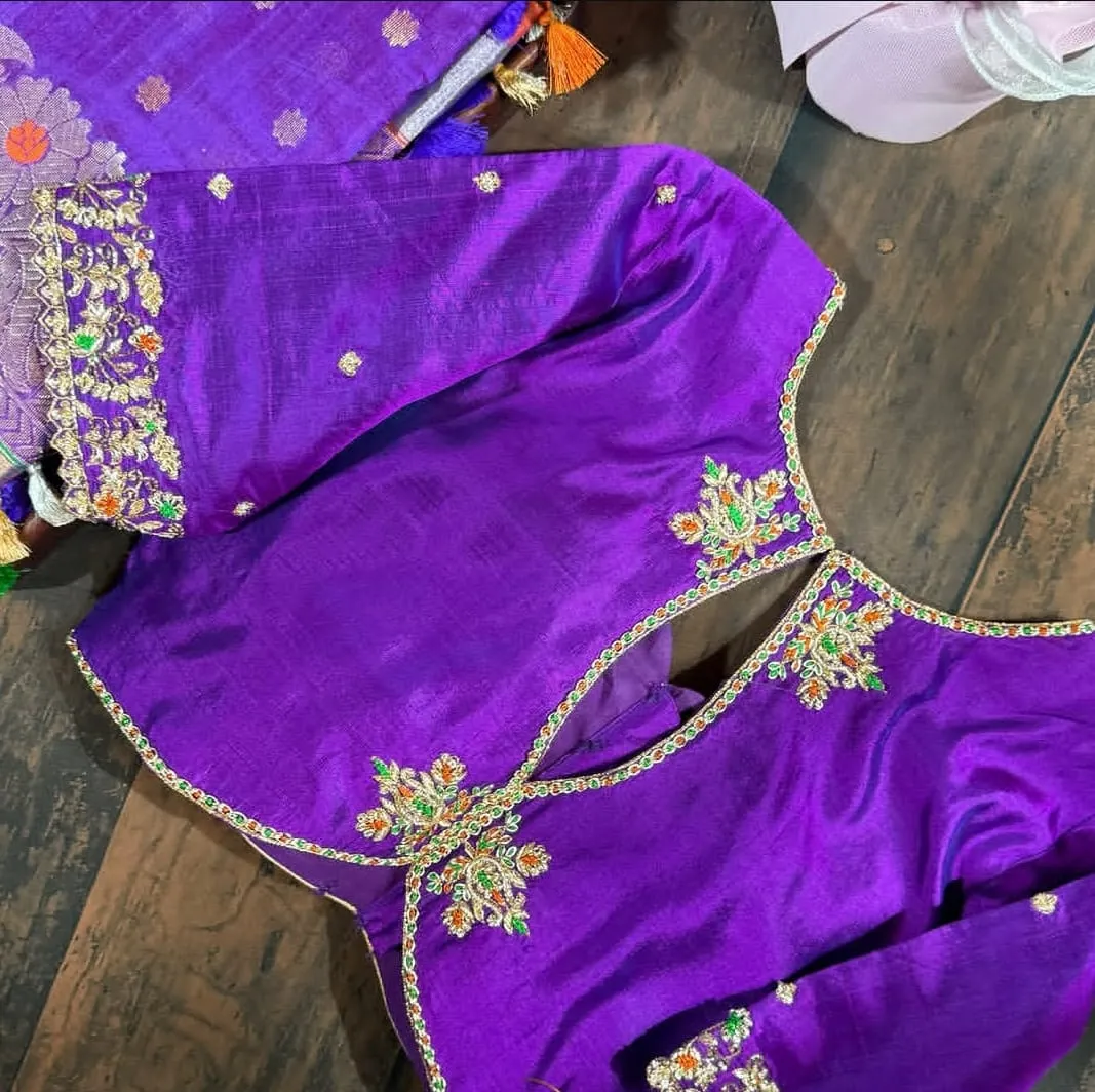 Purple Silk Maggam Work Blouse | Zari Floral Border Sleeves