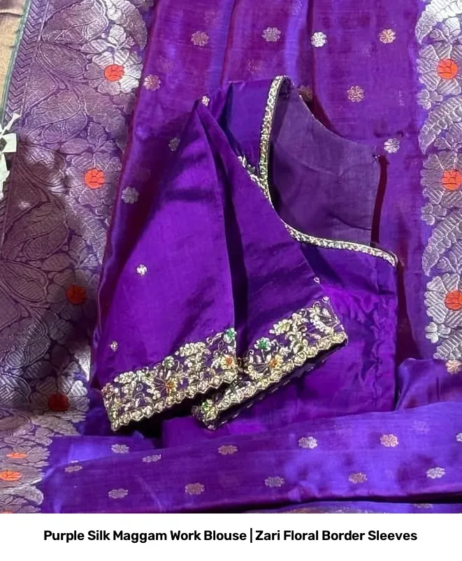 Purple Silk Maggam Work Blouse | Zari Floral Border Sleeves 2