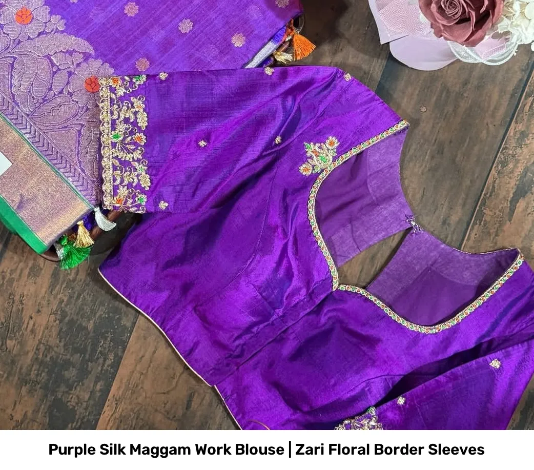 Purple Silk Maggam Work Blouse | Zari Floral Border Sleeves 3