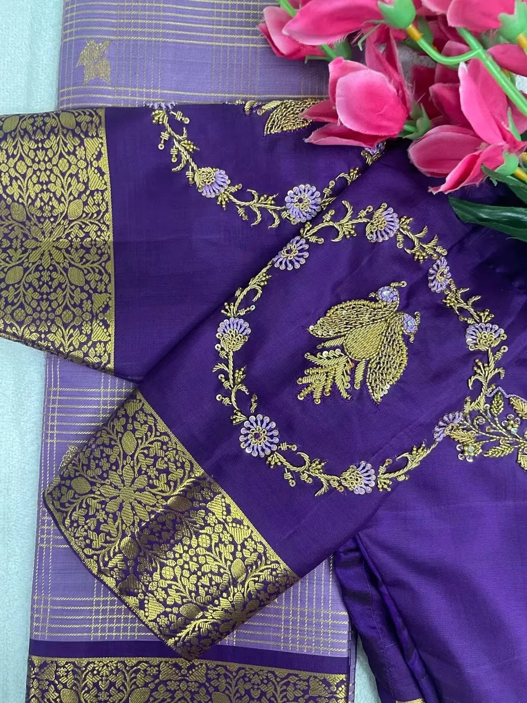 Purple Silk Saree Blouse – Heavy Maggam Peacock Embroidery & Zari Border Cutwork Back Neck Blouse