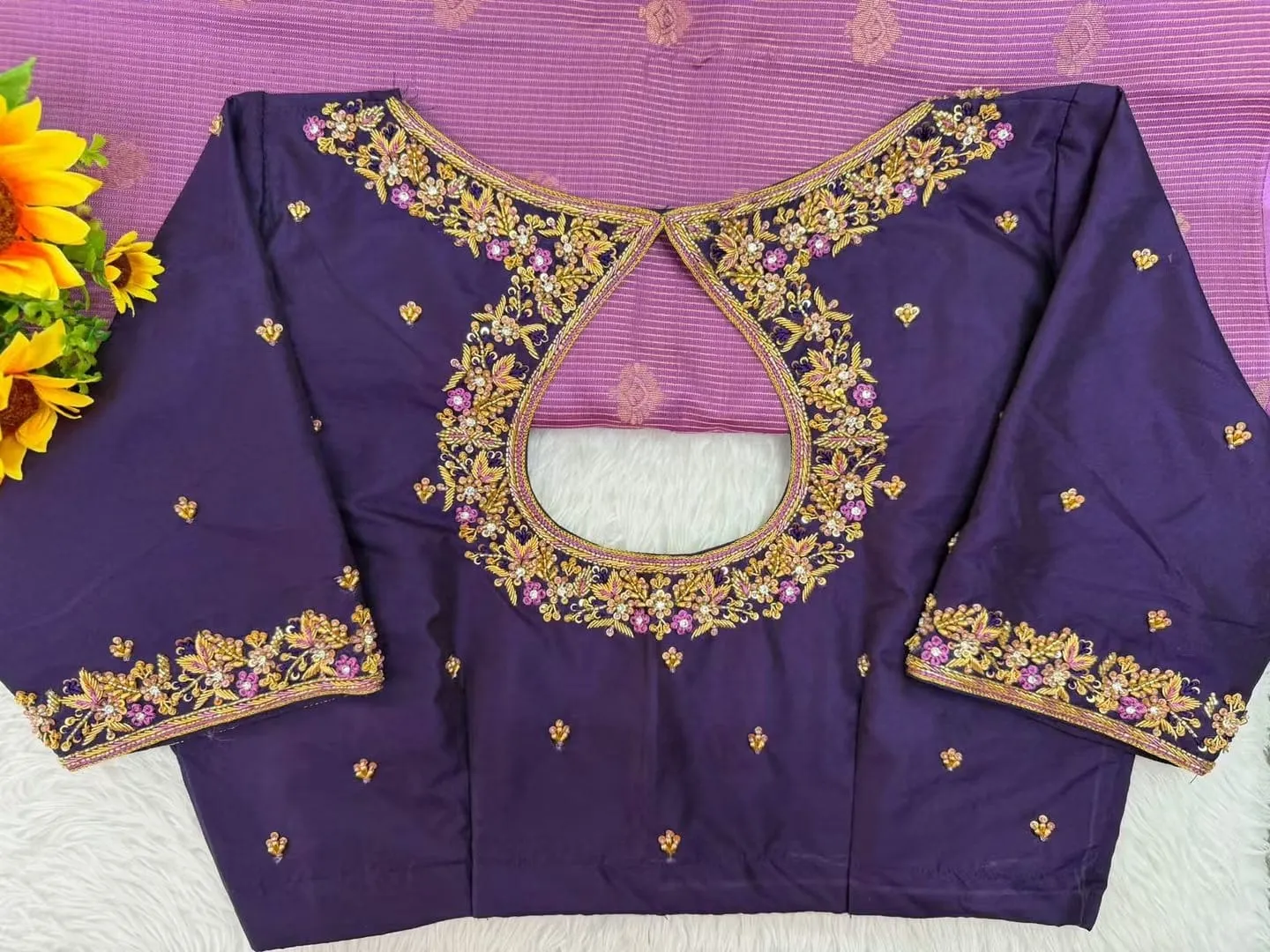 Purple Silk Saree Blouse with Maggam Work | Keyhole Back Neck & Floral Zardosi Border