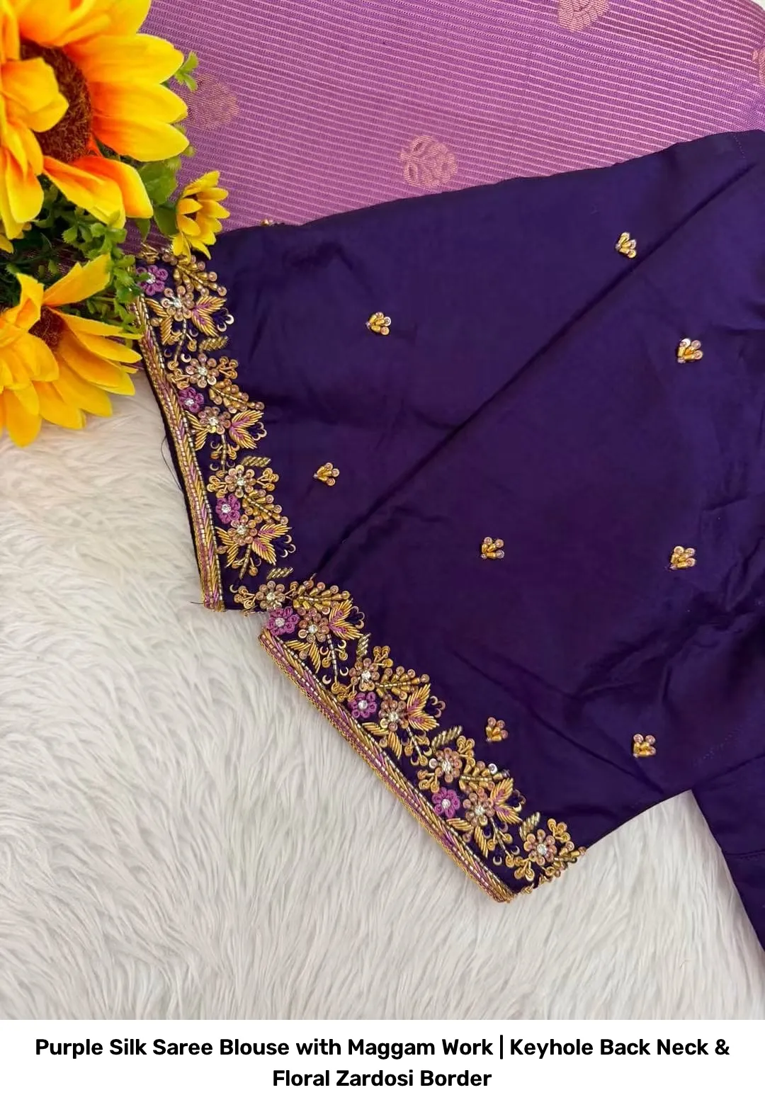 Purple Silk Saree Blouse with Maggam Work | Keyhole Back Neck & Floral Zardosi Border 2