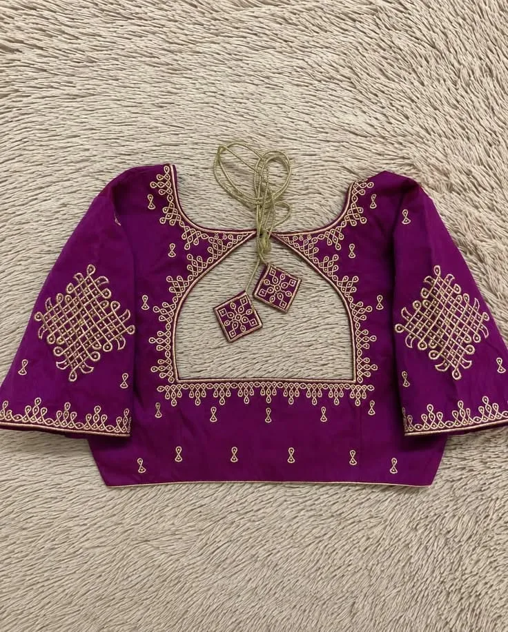 Purple Silk Square Neck Embroidered Saree Blouse with Dori