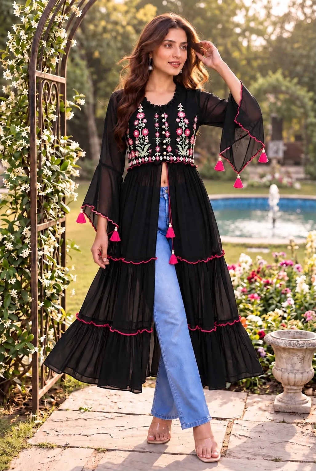 Pushpa Embroidered Georgette Front-Slit Long Kurti – Tiered Indo-Western Flare Tunic with Bell Sleeves