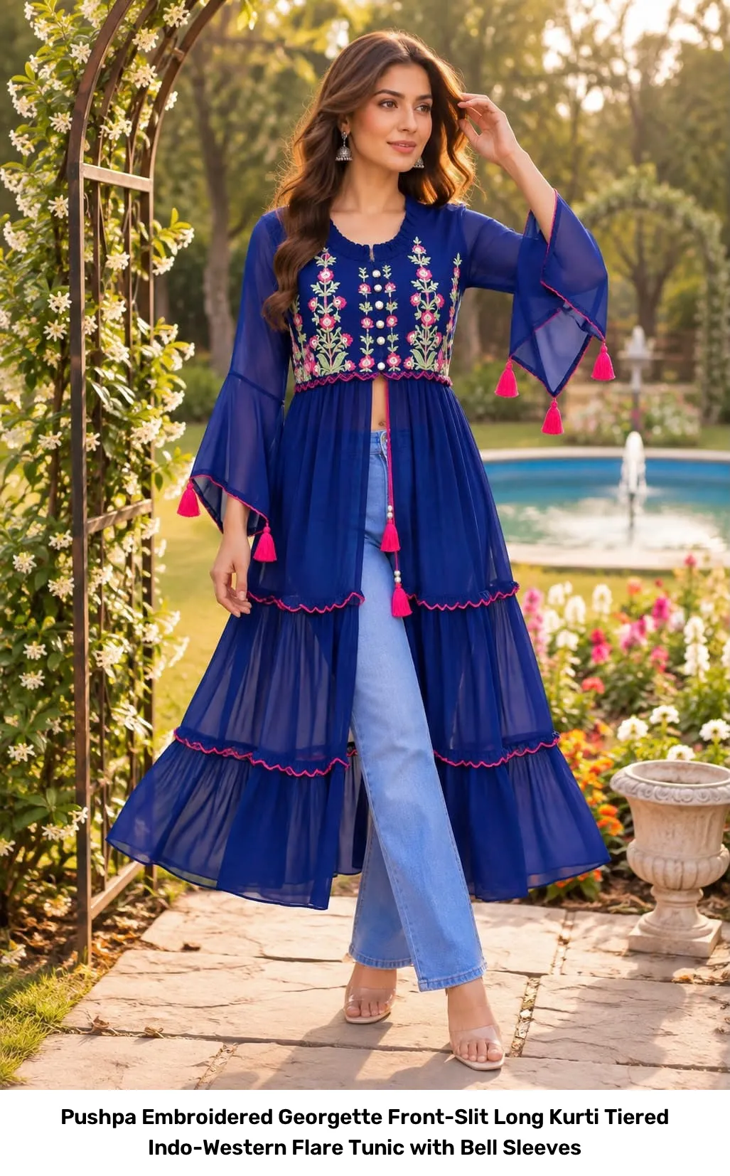 Pushpa Embroidered Georgette Front-Slit Long Kurti – Tiered Indo-Western Flare Tunic with Bell Sleeves 2
