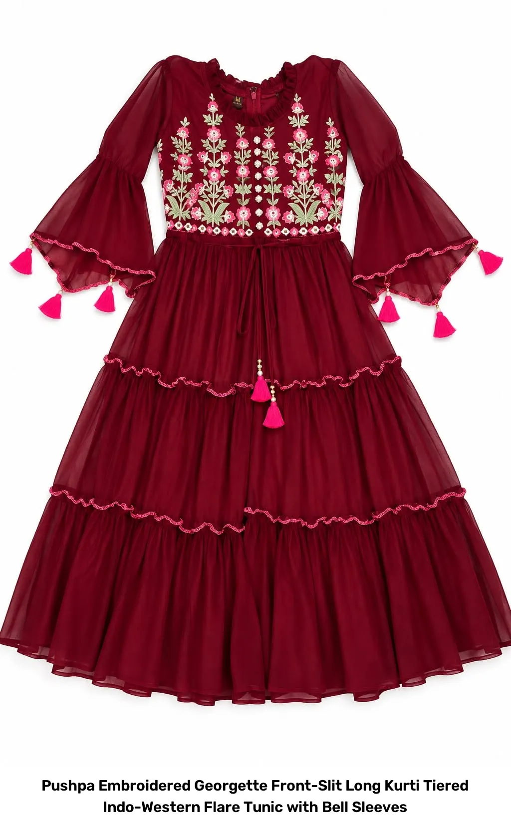 Pushpa Embroidered Georgette Front-Slit Long Kurti – Tiered Indo-Western Flare Tunic with Bell Sleeves 3