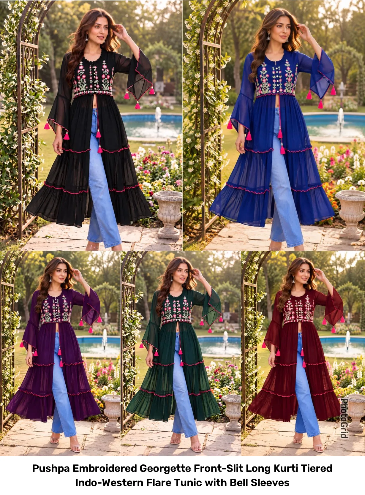 Pushpa Embroidered Georgette Front-Slit Long Kurti – Tiered Indo-Western Flare Tunic with Bell Sleeves 4