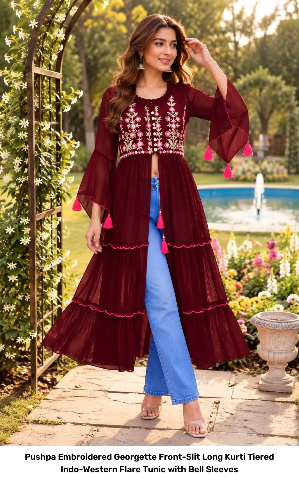 Pushpa Embroidered Georgette Front-Slit Long Kurti – Tiered Indo-Western Flare Tunic with Bell Sleeves 6