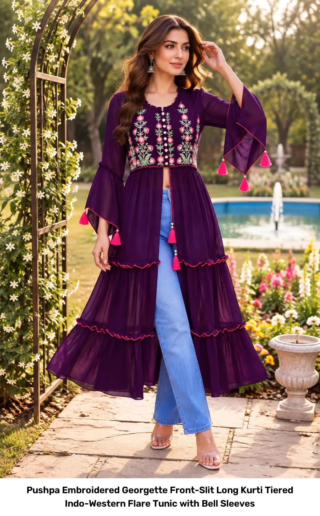 Pushpa Embroidered Georgette Front-Slit Long Kurti – Tiered Indo-Western Flare Tunic with Bell Sleeves 7