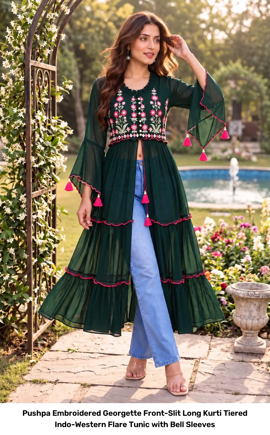Pushpa Embroidered Georgette Front-Slit Long Kurti – Tiered Indo-Western Flare Tunic with Bell Sleeves 8