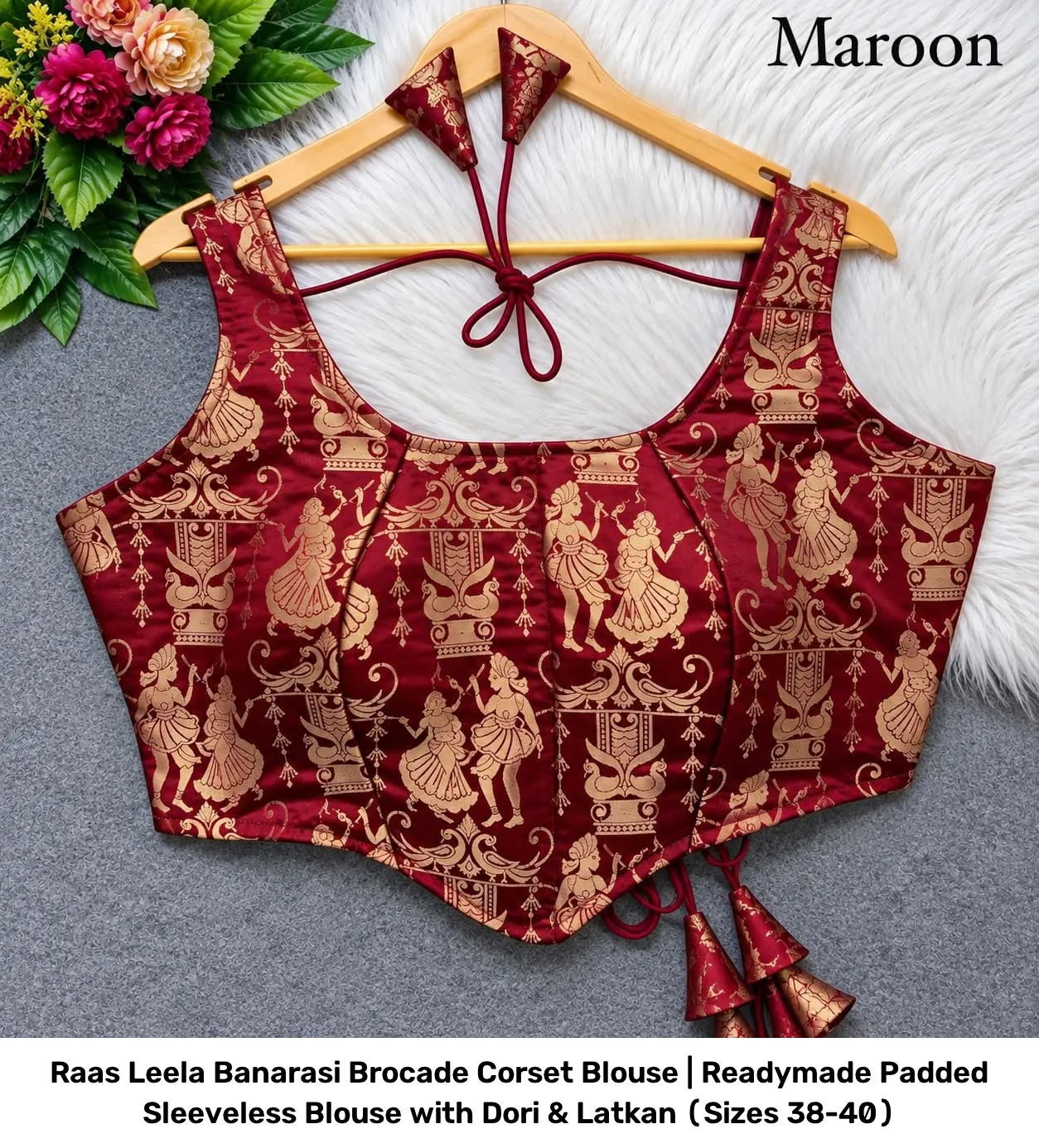 Raas Leela Banarasi Brocade Corset Blouse | Readymade Padded Sleeveless Blouse with Dori & Latkan (Sizes 38-40) 10