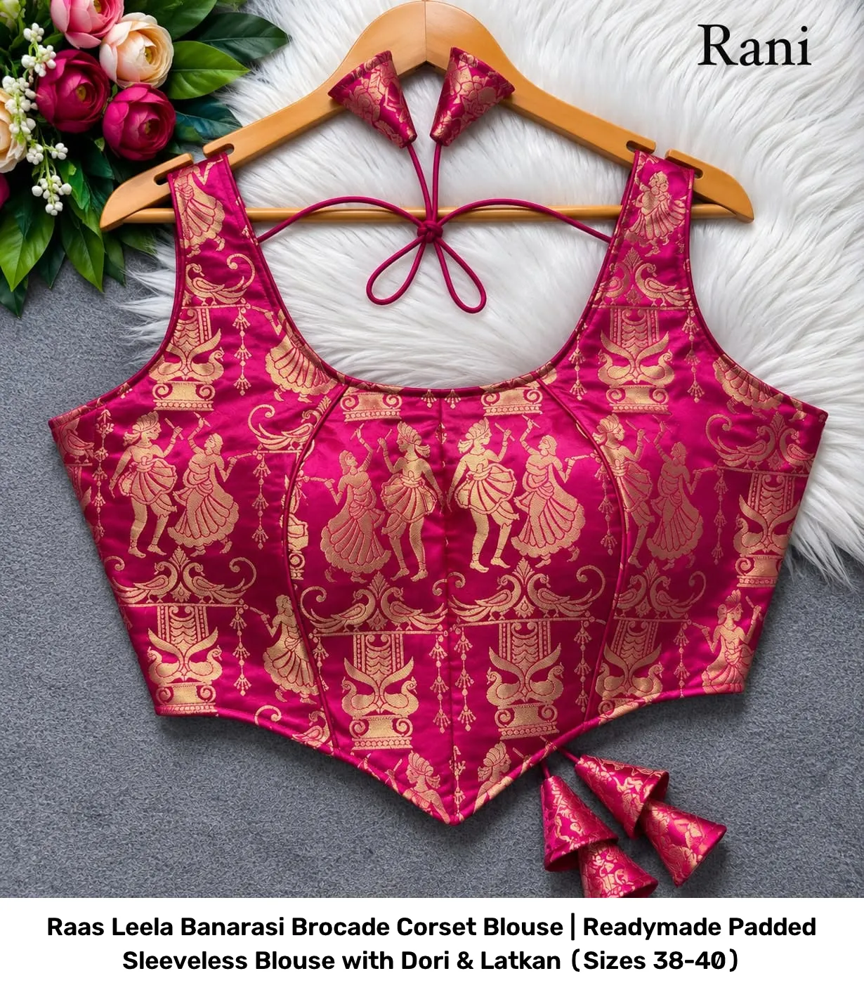 Raas Leela Banarasi Brocade Corset Blouse | Readymade Padded Sleeveless Blouse with Dori & Latkan (Sizes 38-40) 11