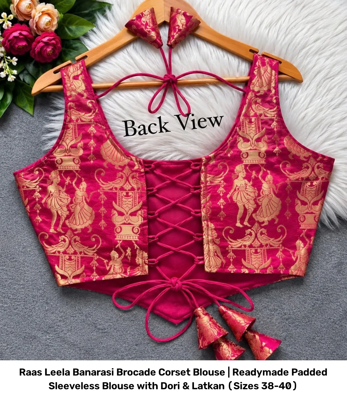 Raas Leela Banarasi Brocade Corset Blouse | Readymade Padded Sleeveless Blouse with Dori & Latkan (Sizes 38-40) 12