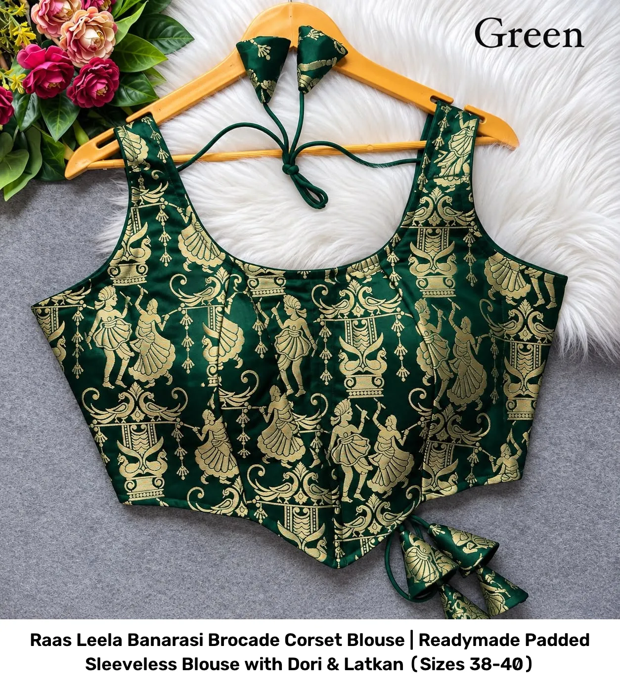 Raas Leela Banarasi Brocade Corset Blouse | Readymade Padded Sleeveless Blouse with Dori & Latkan (Sizes 38-40) 14